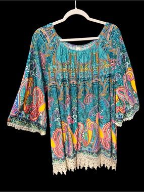 R Rouge USA Tunic Blouse Multicolor Teal Blue Yellow Paisley Crochet Trim Large